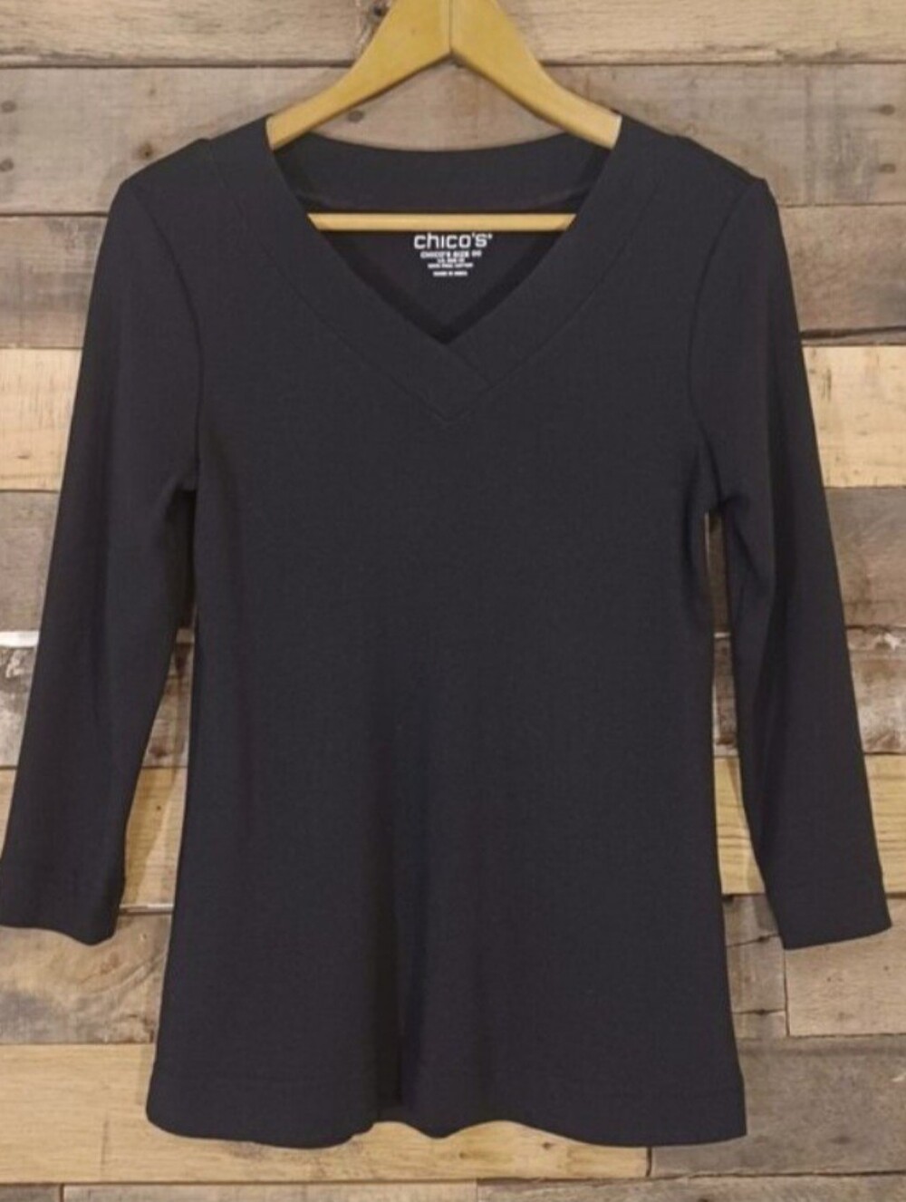 Chico's Pima Cotton 3/4 Sleeve V-Neck Solid Black T-Shirt